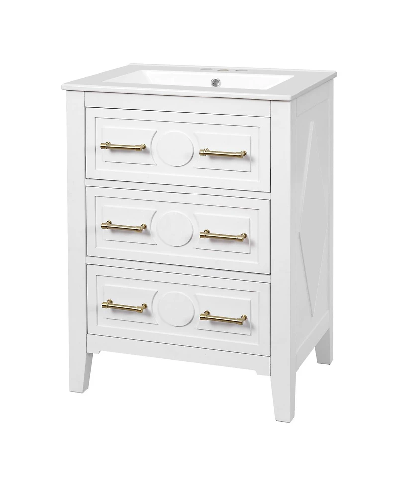 Sillysis 24 Inch Bathroom Vanity with Ceramic Sink, Retro Solid Wood Cabinet, 3 Soft Close Drawers for Small Bathrooms