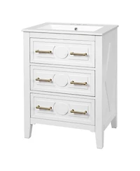Sillysis 24 Inch Bathroom Vanity with Ceramic Sink, Retro Solid Wood Cabinet, 3 Soft Close Drawers for Small Bathrooms