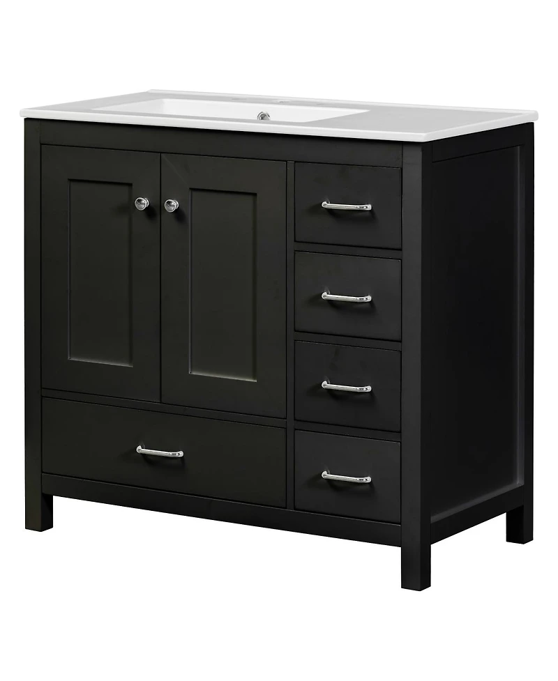 Sillysis 36" Bathroom Vanity with Sink, Solid Wood Cabinet & 5 Drawers Storage, Modern Freestanding Bath for Small Spaces