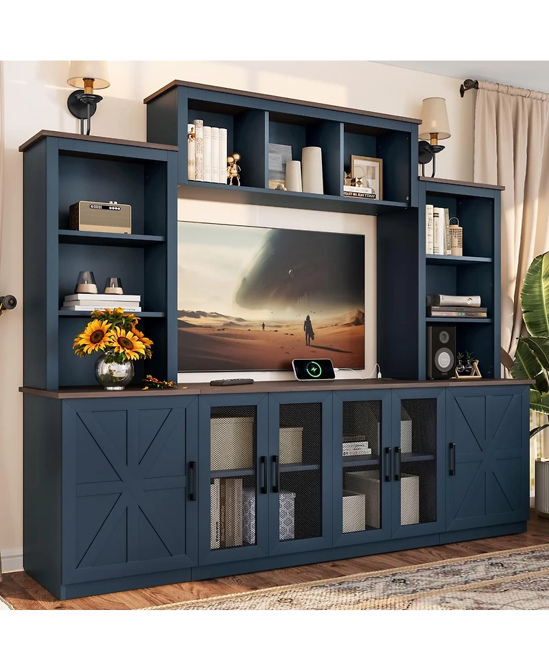 Streamdale Furniture Wall Unit Entertainment Center with Charging Station & Usb, Blue