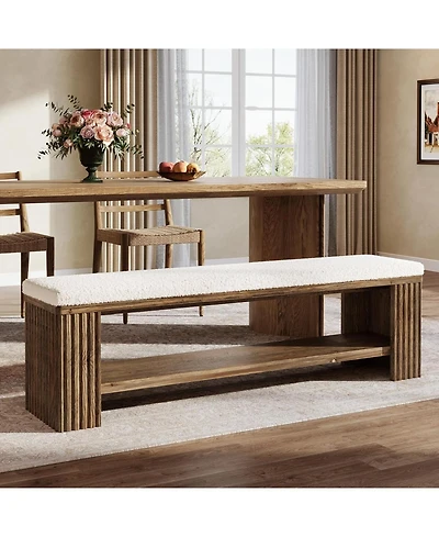 Tribesigns 63" Solid Wood Dining Bench, Farmhouse Upholstered End of Bed Bench with Removable Faux Lambswool Cushion,Indoor Long Entryway Bench