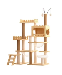 Aostirmotor 66.9" Modern Wood Cat Tree with Scratching Posts, Perch & Acrylic Hammock for Multi-Cat Homes