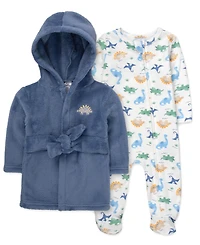 Baby Essentials Boys' Dino Robe and Footed Sleeper, 2-Piece Set