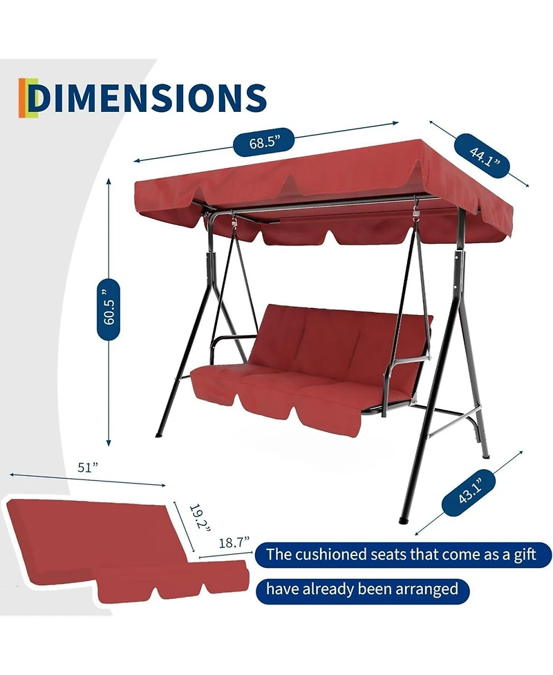 gaomon 3 Seat Outdoor Porch Swing with Adjustable Canopy