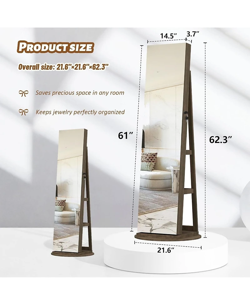 Rainsken 360°Swivel Jewelry Cabinet, Standing Jewelry Armoire Organizer, Lockable Storage Cabinet with Full Length Mirror