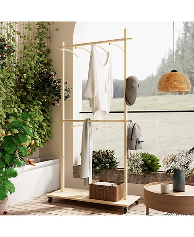 Rainsken Solid Wood Garment Rack, Modern Space-Saving Coat Tree, Clothes Drying Rack with 6 Hangers and Bottom Shelf for Entryway, Living Room