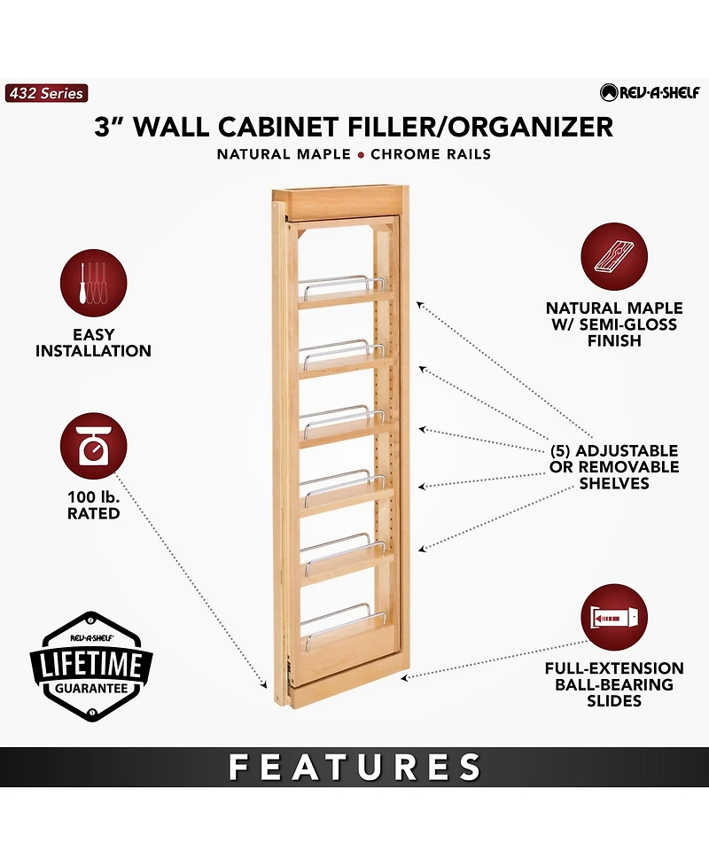 Rev-a-Shelf Pullout Wall Filler Cabinet Wooden Organizer, 39" Hgt, 432-WF39-3C