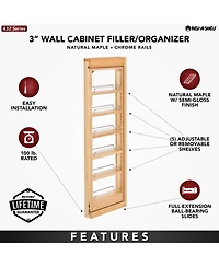 Rev-a-Shelf Pullout Wall Filler Cabinet Wooden Organizer, 39" Hgt, 432-WF39-3C