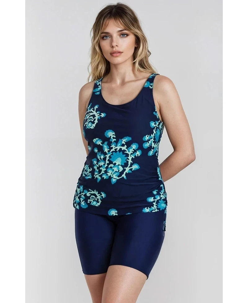 Calypsa Women's Maya Tankini Swim Top With Removable Cups and High Waisted Mid-Thigh Shorts