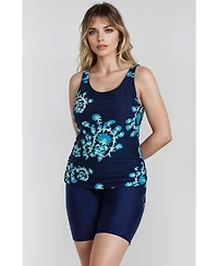 Calypsa Women's Maya Tankini Swim Top With Removable Cups and High Waisted Mid-Thigh Shorts