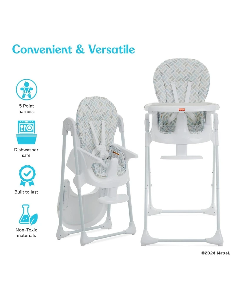 Dream On Me Baby Fisher Price Tiny Bites highchair one-click fold, 7 heights, 2 reclines, removable dishwasher-safe tray, lightweight and space-saving