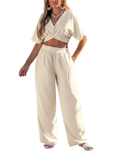 Cupshe Women's Short Sleeve Crop Top & Wide-Leg Pants Matching Set