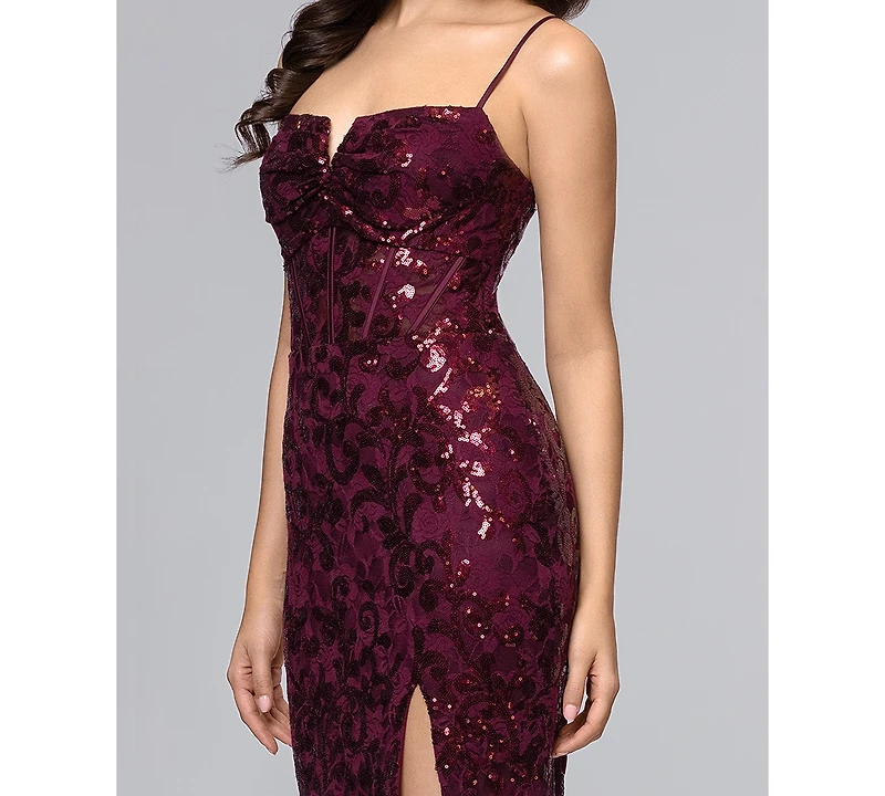 Blondie Nites Juniors' V-Neck Sequin Lace-Up Gown