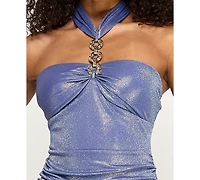 City Studios Women's Halter Sweetheart Glitter Pleated Maxi Dress