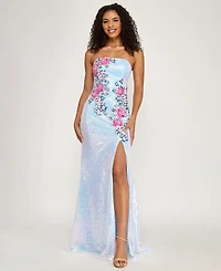 City Studios Women's Strapless Floral Applique Sequin Maxi Dress