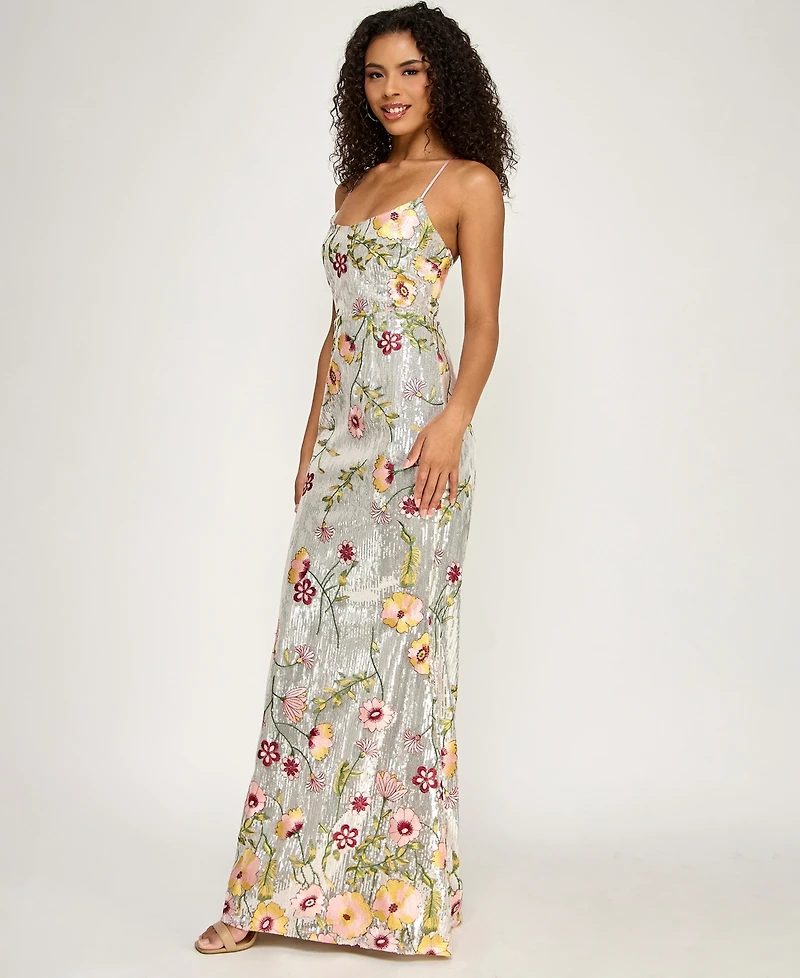 City Studios Women's V-Neck Floral Embroidered Sequin Maxi Dress