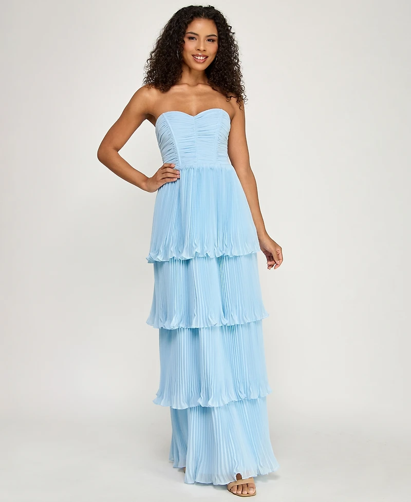 City Studios Women's Pleated Tiered Strapless Gown