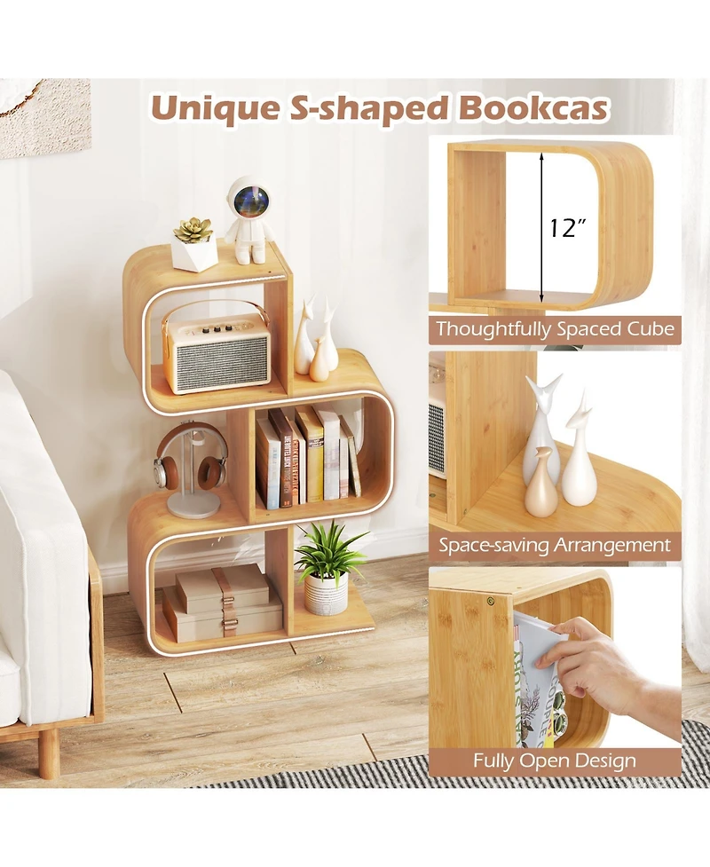 Sugift 3-Tier S-Shaped Bookcase with 3 Open Cubes for Living Room