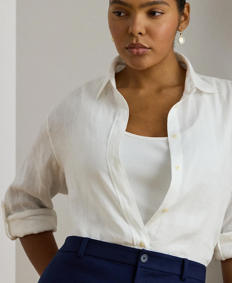 Lauren Ralph Plus 100% Linen Roll-Tab Shirt