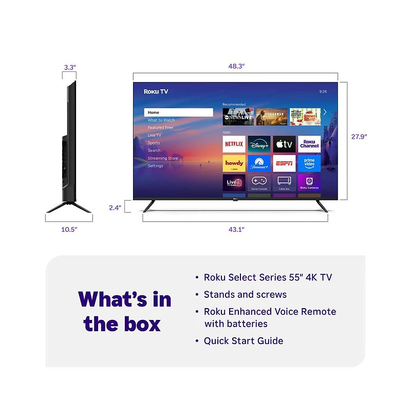 Roku 55" Select Series 4K Uhd Smart Tv Hdr, Dolby Audio, Voice Remote, Hdmi Cable, Cps 1-Year Protection Plan+Streaming kit-55R4C5KIT1