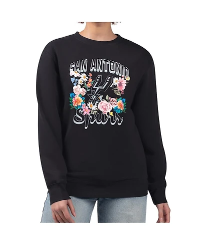 G-iii 4Her by Carl Banks Women's Black San Antonio Spurs Flowers Team Logo Graphic Fleece Crewneck Pullover Sweatshirt
