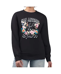 G-iii 4Her by Carl Banks Women's Black San Antonio Spurs Flowers Team Logo Graphic Fleece Crewneck Pullover Sweatshirt