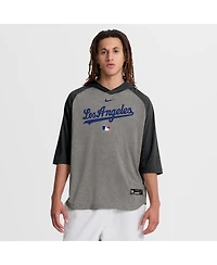 Nike Men's Gray Los Angeles Dodgers Authentic Collection Flux Dri-fit Raglan 3/4-Sleeve Hooded T-Shirt