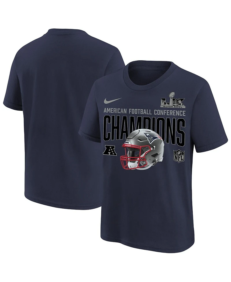 Nike Big Boys and Girls Navy New England Patriots 2025 Afc Champions Glory Shield Helmet T-Shirt
