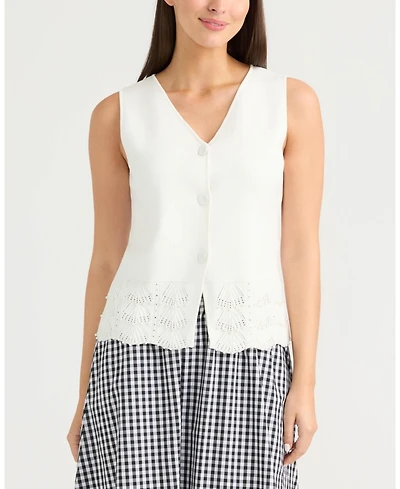 Ellen Tracy Women's Button Front Sweater Vest with Pearl Detailing