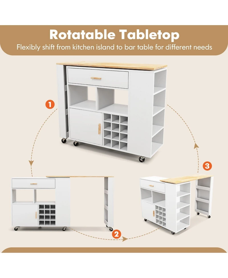 Volenca Reversible Folding Kitchen Island Cart with Wine Rack, Spice Rack, Rolling Wheels