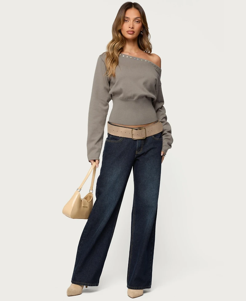 Edikted Women's Carmela Iridescent Button Off Shoulder Sweater