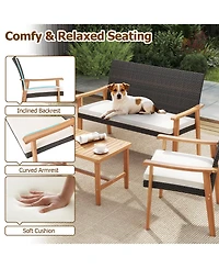 Gymax 4 Ocs Patio Furniture Set with Acacia Wood Coffee Table and Soft Cushions for Garden