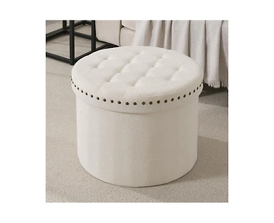 Ornavo Home Large 20" Round Collapsible Storage Ottoman with Nailhead Trim