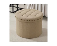 Ornavo Home Large 20" Round Collapsible Storage Ottoman with Nailhead Trim