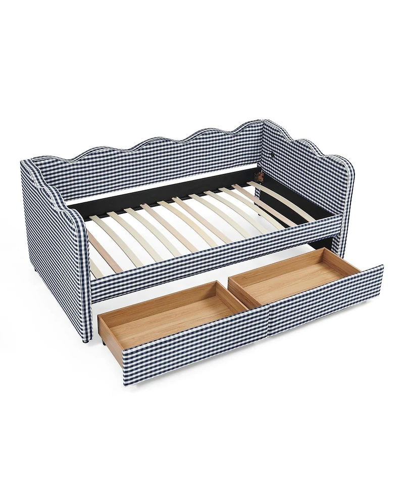 Streamdale Furniture Twin Size Gingham Daybed with Storage Drawers, Usb Port & Wave Shape