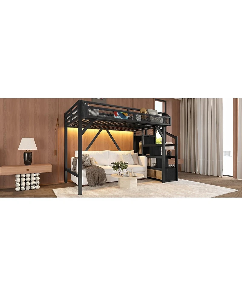 Streamdale Furniture Twin Xl Loft Bed with Storage Stairs, Shelves, Wardrobe, Usb & Led Lights