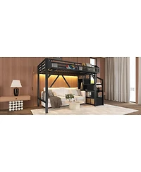 Streamdale Furniture Twin Xl Loft Bed with Storage Stairs, Shelves, Wardrobe, Usb & Led Lights
