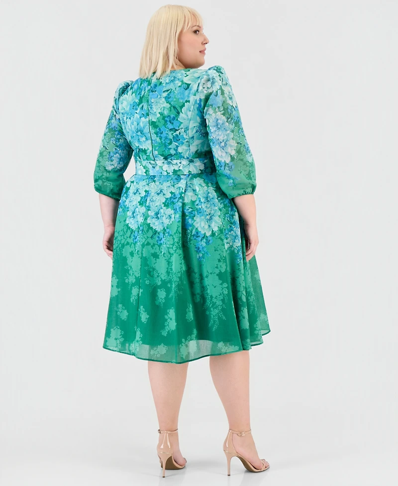 Tahari Asl Plus Printed Long-Sleeve Belted Dress