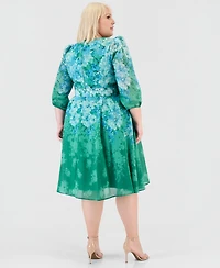 Tahari Asl Plus Printed Long-Sleeve Belted Dress