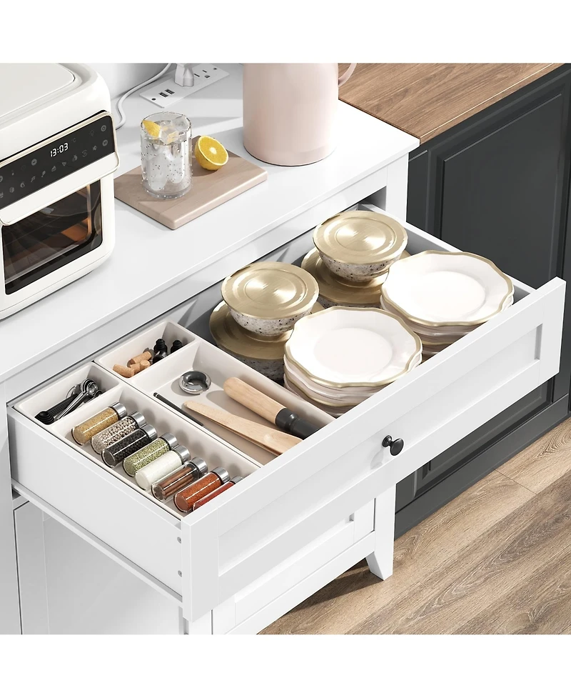 gaomon Kitchen Pantry Storage Cabinet with Outlet,with Microwave Shelf & 4 Hooks, Door Shelves & Drawer