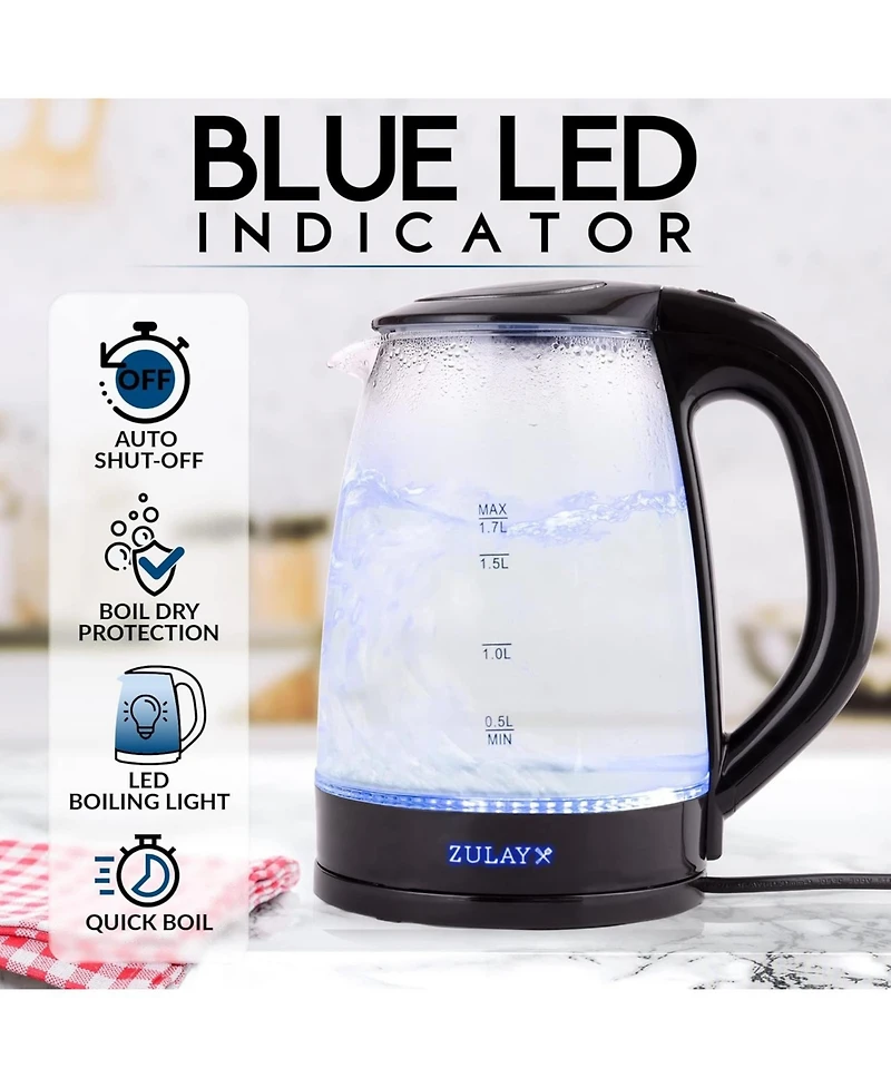 Zulay Kitchen Borosilicate Glass Electric Kettle with Blue Led Light