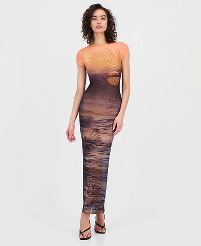 Guess Women's Short-Sleeve Beach Sunset Mesh Maxi Dress