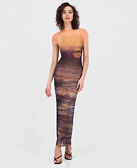 Guess Women's Short-Sleeve Beach Sunset Mesh Maxi Dress
