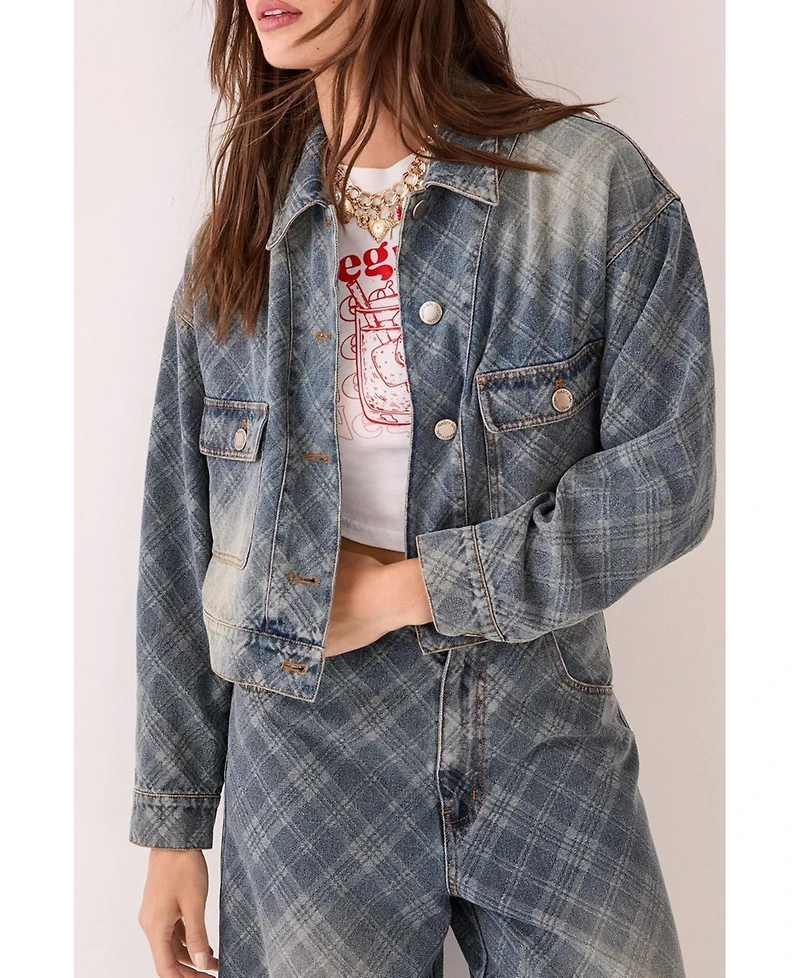 Nasty Gal Women's Check Denim Distressed Jacket