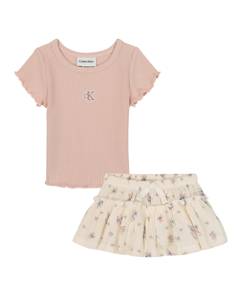 Calvin Klein Baby Girls' Chunky Rib T-Shirt and Printed Skort, 2-Piece Set