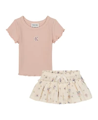 Calvin Klein Baby Girls' Chunky Rib T-Shirt and Printed Skort, 2-Piece Set