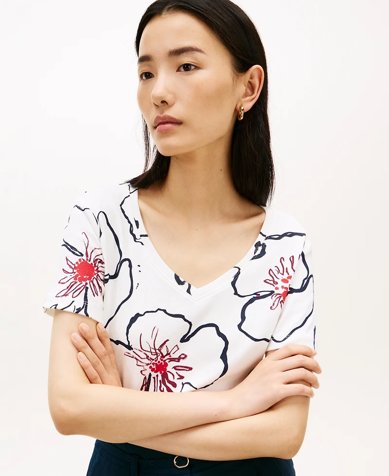 Tommy Hilfiger Women's Printed Ribbed V-Neck T-Shirt