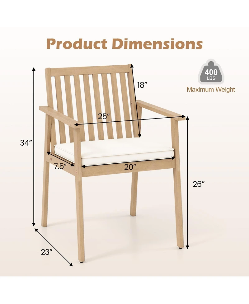 Gymax 2 Pcs Patio Dining Chairs w/ Removable Padded Cushion Armrests & Teak Oil Finish