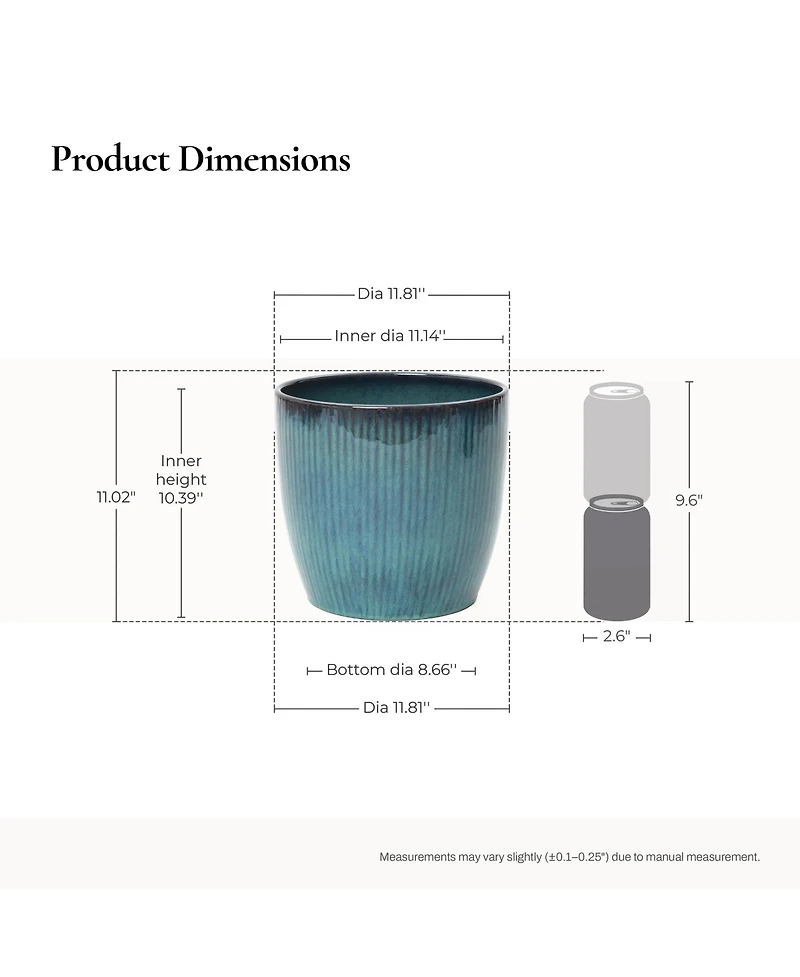 LuxenHome Forest Fade Ribbed Ceramic Planter, 11.8" Glossy Blue-Green Pot with Brown Rim