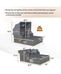 Gymax Patio Rattan Daybed Lounge Retractable Top Canopy Side Tables Cushions